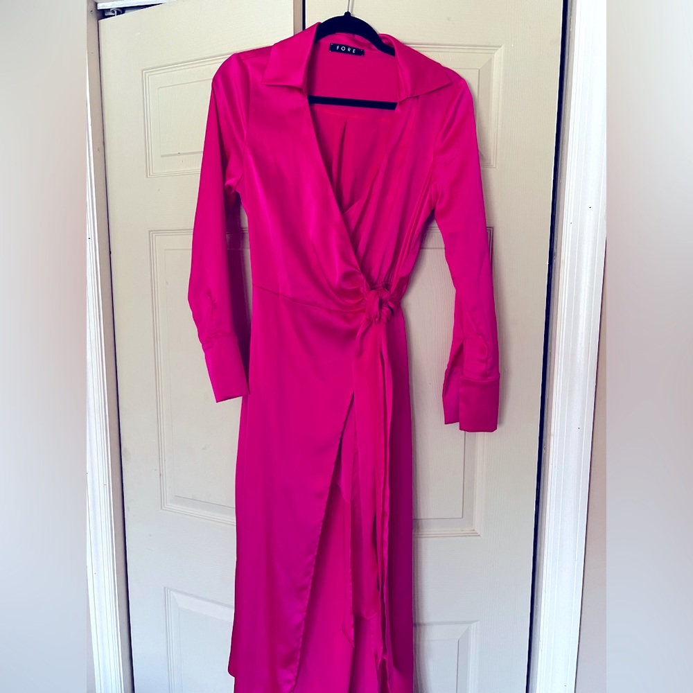 Hot Pink B-Neck Ruched Front Satin Wrap Dress